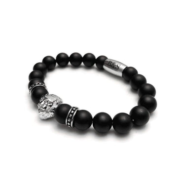 Man Bracelet - Men’s Beaded Bracelet - White Gold Lion & Black Stones Bracelet - Men’s Bracelet Bracelet Brother & Sisters